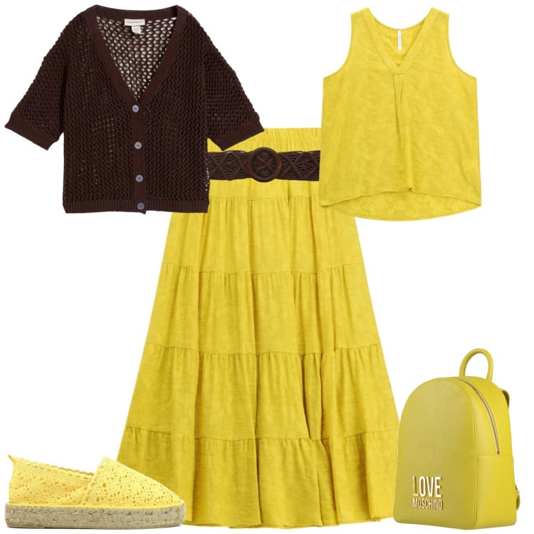 Outfit donna - Giallo e cioccolato. Stile Boho per Serata fuori. Abbinamento con zaini, cardigans, cinture, top, gonne lunghe, espadrillas.