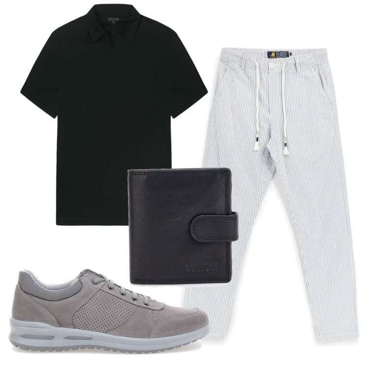 Outfit uomo - Cool. Stile Casual per Tutti i giorni. Abbinamento con polo, portafogli, scarpe stringate, pantaloni.