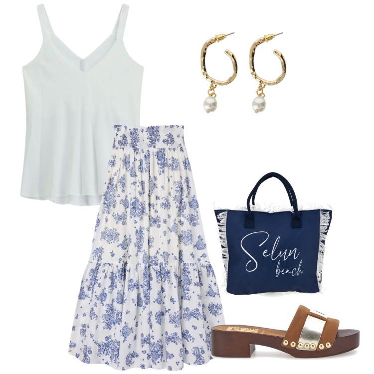 Outfit donna - Bianco e blu. Stile Casual per Tutti i giorni. Abbinamento con gonne lunghe, top, orecchini, zoccoli, shopping bag.