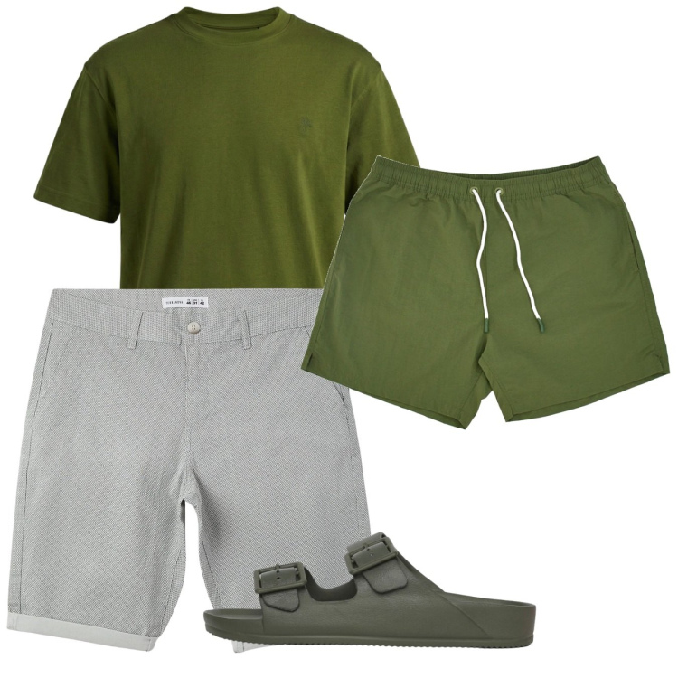 Outfit uomo - Al mare. Stile Casual per Mare. Abbinamento con pantaloni corti, sandali, t-shirt, costumi.