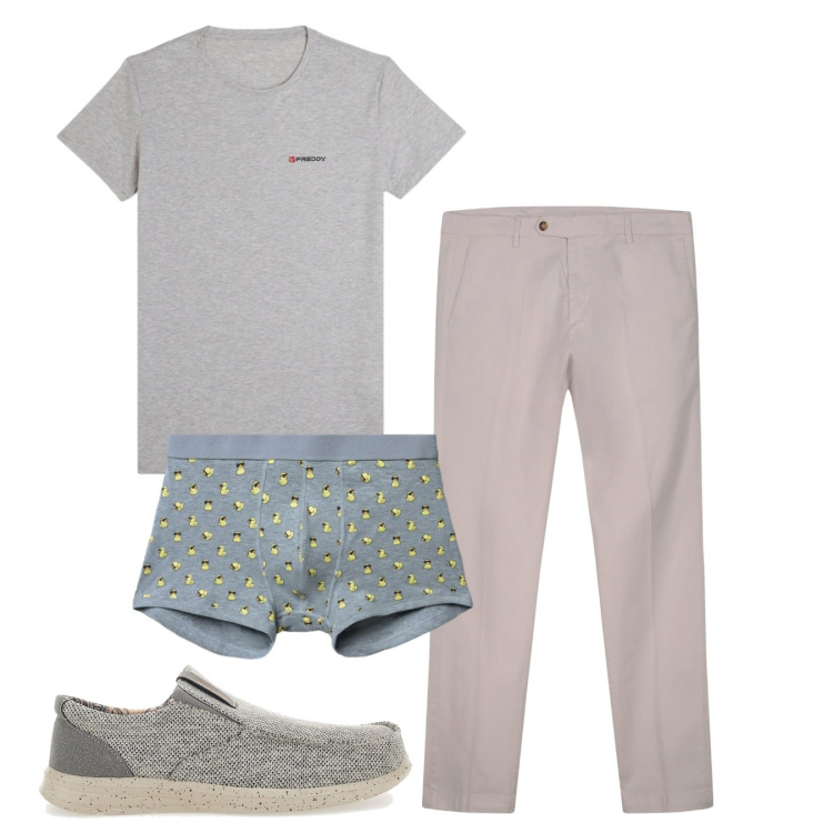 Outfit uomo - Chiaro. Stile Casual per Tutti i giorni. Abbinamento con boxer, t-shirt, pantaloni chino, scarpe stringate.