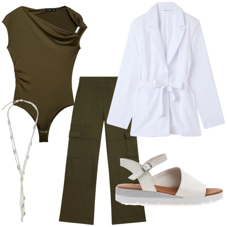 Outfit donna - Body urban. Stile Urban per Tutti i giorni. Abbinamento con blazer, top, pantaloni cargo, collane, sandali.