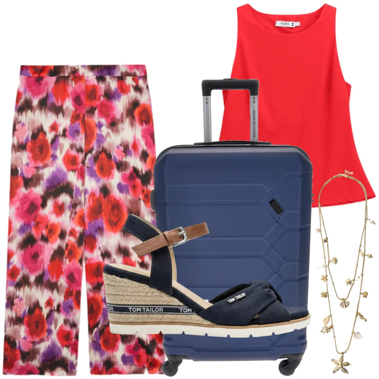 Outfit donna - Guardaroba da vacanza. Stile Casual per Tutti i giorni. Abbinamento con sandali col tacco, collane, top, pantaloni a palazzo, valigie.