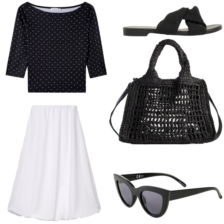 Outfit donna - Estate anni \'50. Stile Vintage retrò per Tutti i giorni. Abbinamento con occhiali da sole, sandali, borse a tracolla, gonne lunghe, t-shirt.