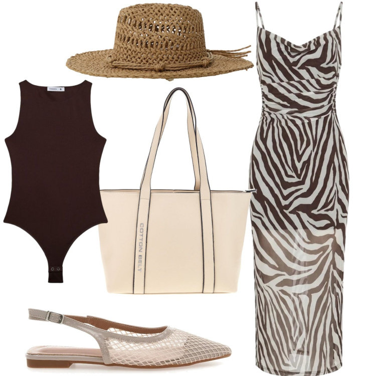 Outfit donna - Vestito effetto zebra. Stile Glamour per Tutti i giorni. Abbinamento con vestiti lunghi, body, cappelli, ballerine, shopping bag.