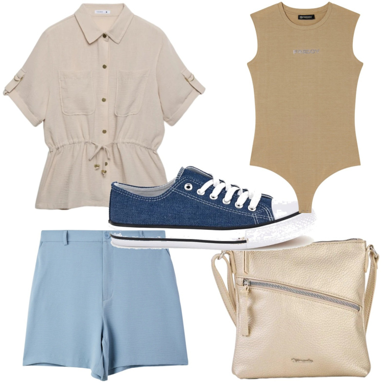Outfit donna - Body sotto sahariana. Stile Basic per Tutti i giorni. Abbinamento con borse a tracolla, shorts, camicie a manica corta, top, sneakers.