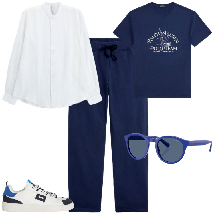 Outfit uomo - Casual chic serata aperitivo. Stile Casual per Serata speciale. Abbinamento con camicie, sneakers, occhiali da sole, pantaloni, t-shirt.