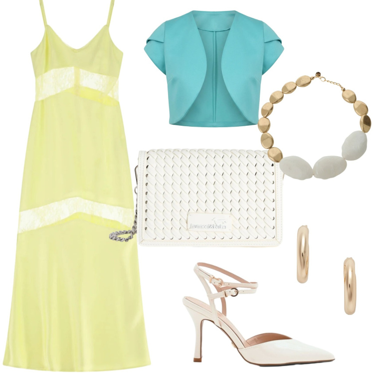 Outfit donna - Aperitivo sulla spiaggia. Stile Glamour per Serata fuori. Abbinamento con décolleté, bolero, vestiti lunghi, borse a tracolla, collane, orecchini.