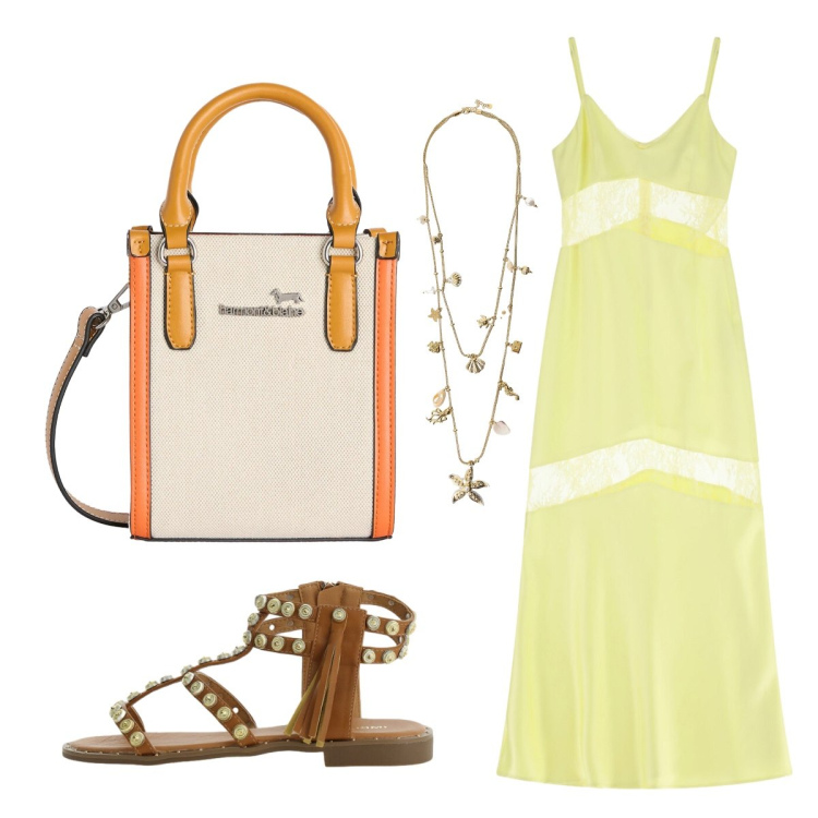 Outfit donna - L’abito giallo per le calde serate…. Stile Glamour per Serata fuori. Abbinamento con collane, vestiti lunghi, sandali, borse tote.