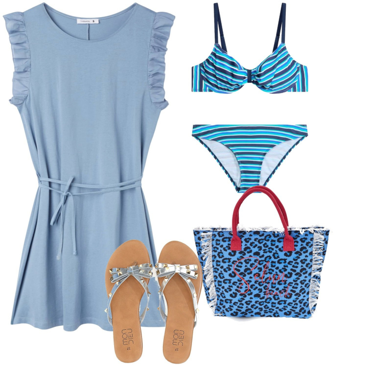 Outfit donna - Giornata al mare. Stile Minimal per Mare. Abbinamento con bikini, vestiti, infradito, borse a mano.