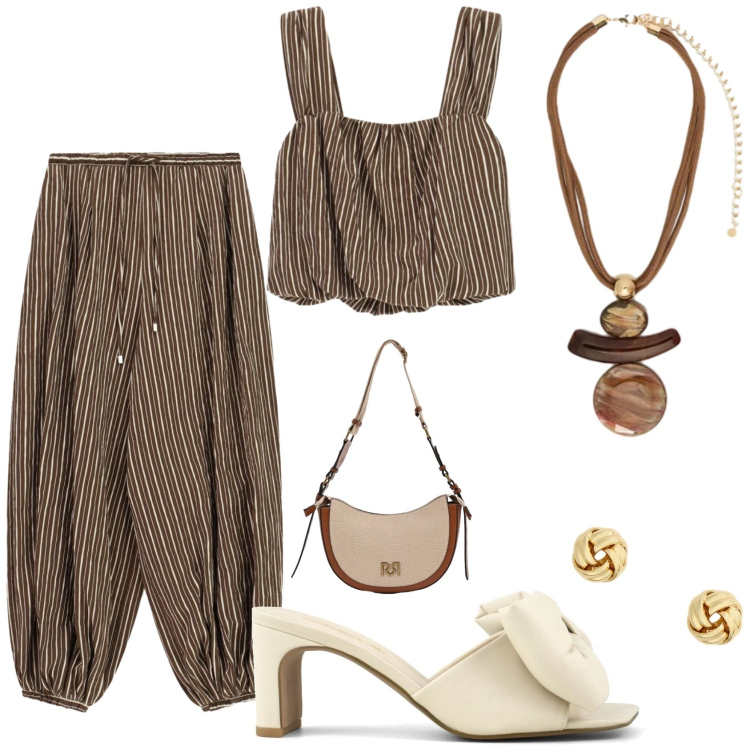 Outfit donna - Ischia. Stile Chic per Serata fuori. Abbinamento con borse a tracolla, pantaloni a palazzo, top, ciondoli, orecchini, sandali col tacco.