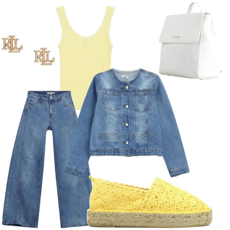 Outfit donna - Taormina. Stile Casual per Tutti i giorni. Abbinamento con zaini, canottiere, jeans, blazer, orecchini, espadrillas.