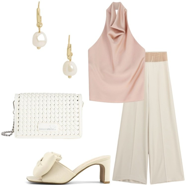 Outfit donna - Prime sere d’estate. Stile Chic per Serata fuori. Abbinamento con pantaloni a palazzo, top, borse a tracolla, orecchini, sandali col tacco.