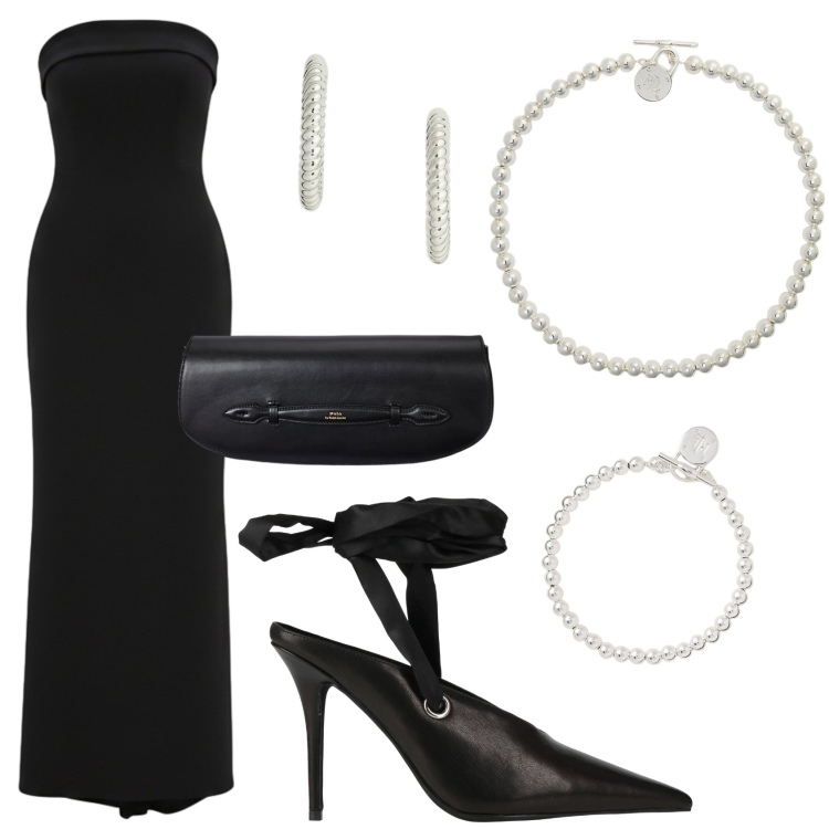 Outfit donna - Back to Black (Winehouse). Stile Chic per Cerimonia. Abbinamento con décolleté, vestiti lunghi, collane, braccialetti, clutch, orecchini.