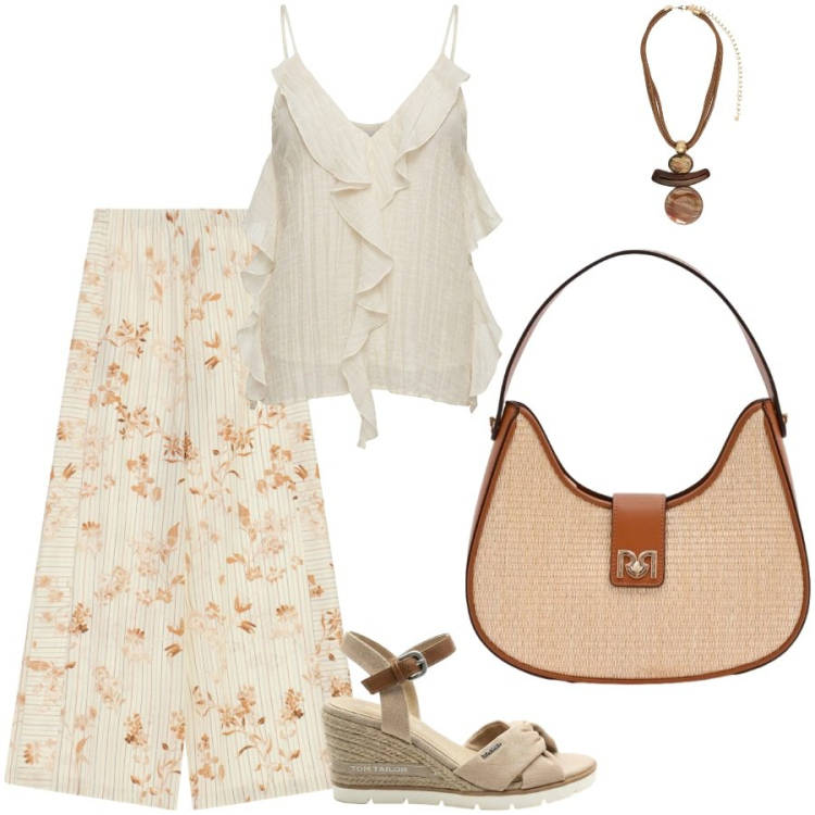 Outfit donna - Light colours. Stile Romantica per Tutti i giorni. Abbinamento con sandali col tacco, pantaloni a palazzo, canottiere, borse a spalla, ciondoli.
