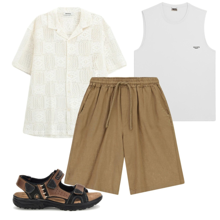 Outfit uomo - Passeggiata al mare. Stile Casual per Tutti i giorni. Abbinamento con bermuda, camicie a manica corta, canottiere, sandali.