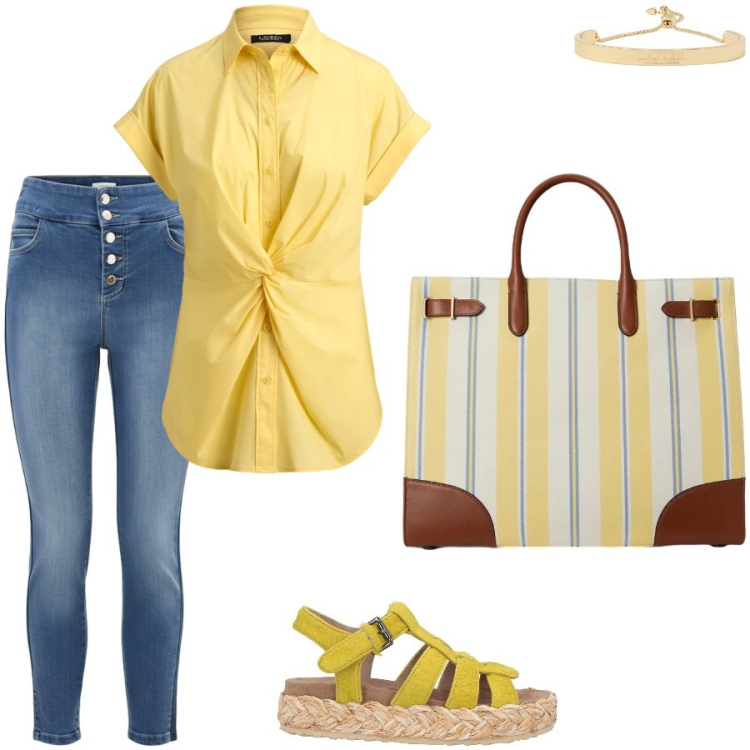 Outfit donna - Yellow. Stile Casual chic per Scuola/Università. Abbinamento con espadrillas, jeans, camicie a manica corta, borse tote, braccialetti.