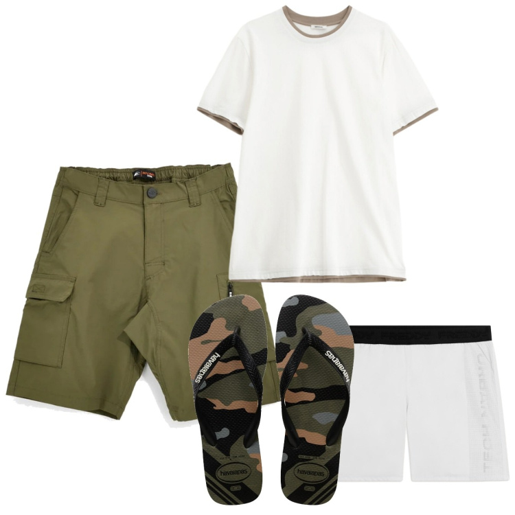 Outfit uomo - Cargo sea. Stile Casual per Mare. Abbinamento con t-shirt, costumi, sandali, bermuda.