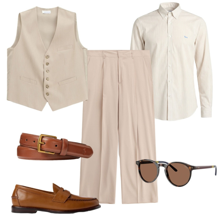 Outfit uomo - Dandy chic. Stile Trendy per Tutti i giorni. Abbinamento con pantaloni, gilet, camicie, cinture, scarpe stringate, occhiali da sole.