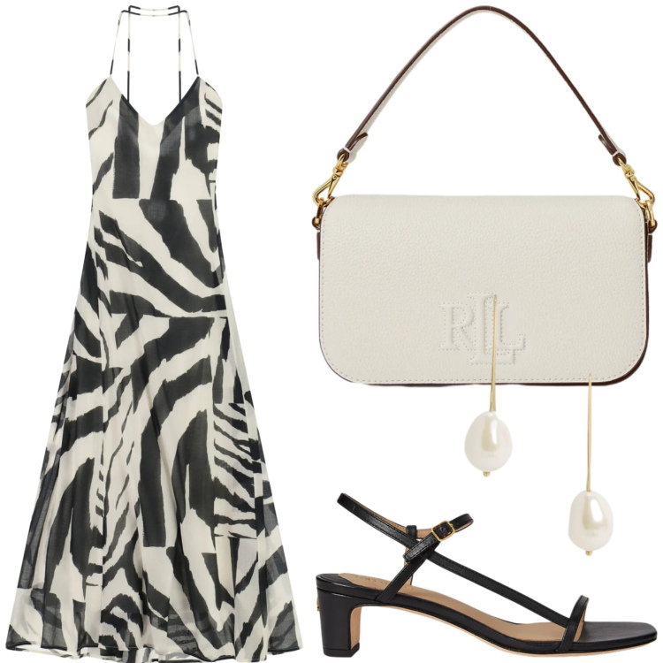 Outfit donna - Serate estive. Stile Chic per Serata fuori. Abbinamento con vestiti lunghi, sandali in pelle, orecchini, borse a spalla.