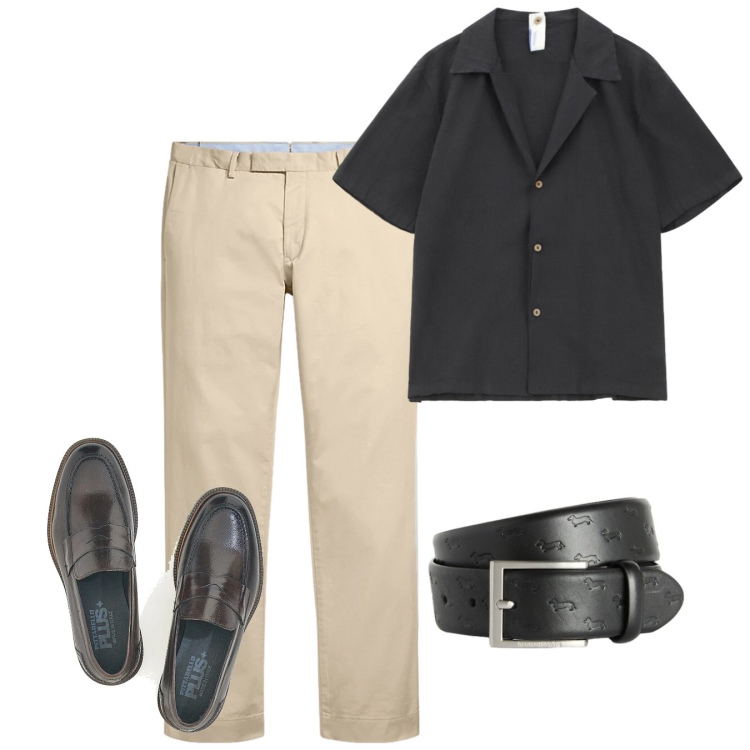 Outfit uomo - Interessante. Stile Casual per Tutti i giorni. Abbinamento con camicie a manica corta, cinture, pantaloni chino, scarpe stringate.