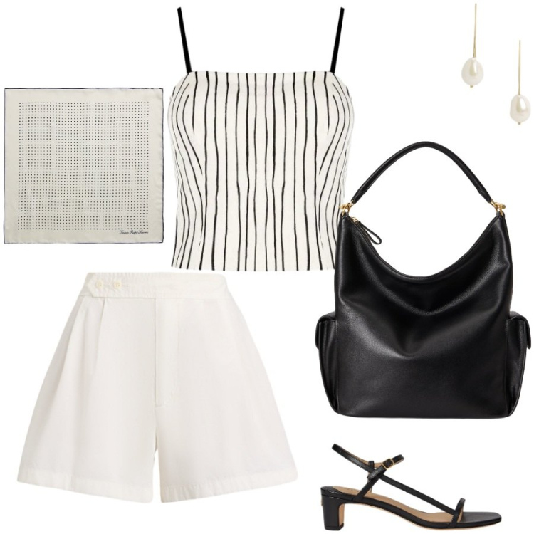 Outfit donna - Top and shorts. Stile Chic per Serata fuori. Abbinamento con canottiere, sandali in pelle, shorts, foulard, borse a spalla, orecchini.