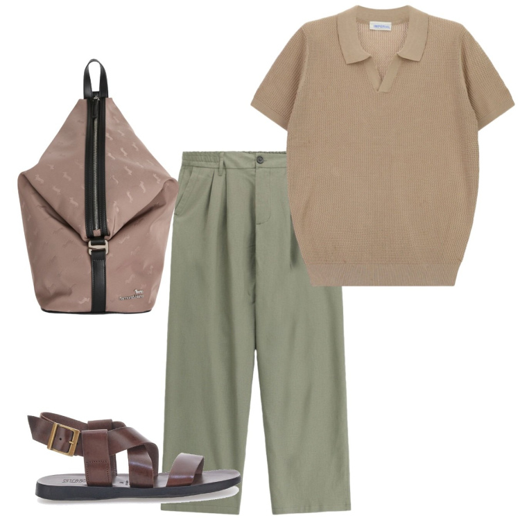 Outfit uomo - Pomeriggio 50\'s. Stile Casual per Tutti i giorni. Abbinamento con pantaloni, t-shirt, borse sportive, sandali.