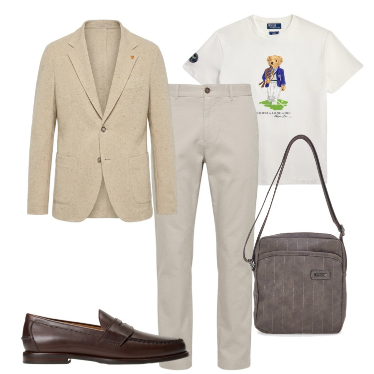 Outfit uomo - Blazer sabbia. Stile Casual per Tutti i giorni. Abbinamento con pantaloni, giacche, scarpe stringate, t-shirt, portafogli.