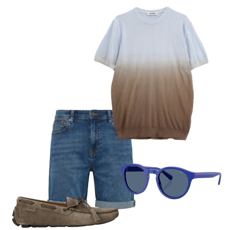 Outfit uomo - Weekend. Stile Casual per Tutti i giorni. Abbinamento con t-shirt, bermuda, scarpe stringate, occhiali da sole.