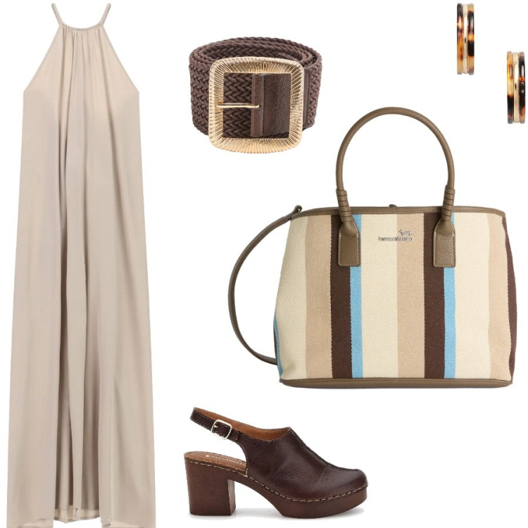 Outfit donna - Shopping in the city. Stile Casual chic per Tutti i giorni. Abbinamento con cinture, vestiti lunghi, shopping bag, orecchini, zoccoli.