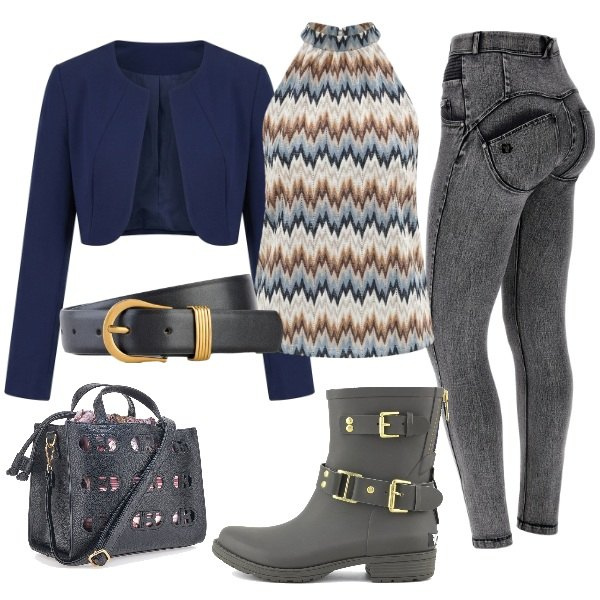 Outfit donna - Electro. per Tutti i giorni. Abbinamento con cinture, bolero, canottiere, jeans skinny, stivali, borse a mano.