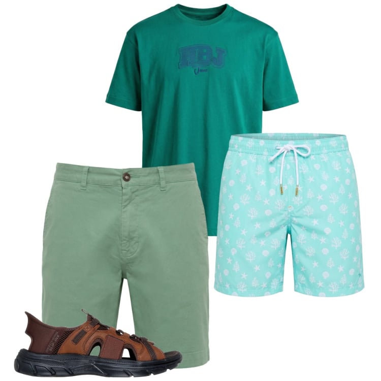 Outfit uomo - Mare verde. Stile Casual per Mare. Abbinamento con bermuda, t-shirt, costumi, sandali.