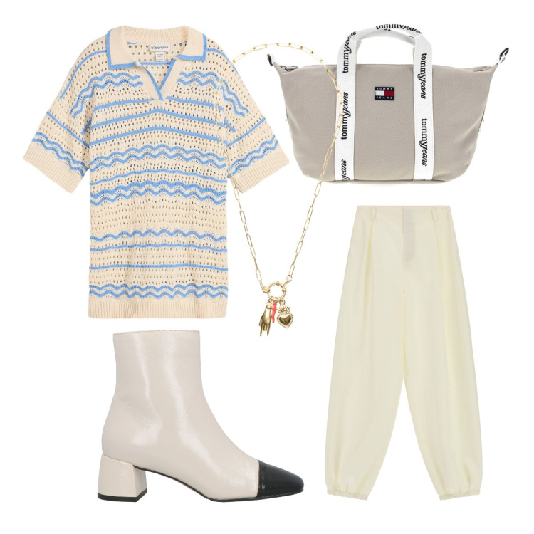 Outfit donna - T shirt di lino. Stile Casual per Tutti i giorni. Abbinamento con stivaletti, polo, pantaloni, ciondoli, shopping bag.
