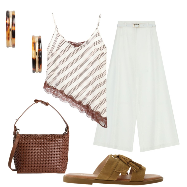 Outfit donna - Il top in lino Please. Stile Minimal per Serata fuori. Abbinamento con pantaloni a palazzo, sandali, borse a spalla, top, orecchini.