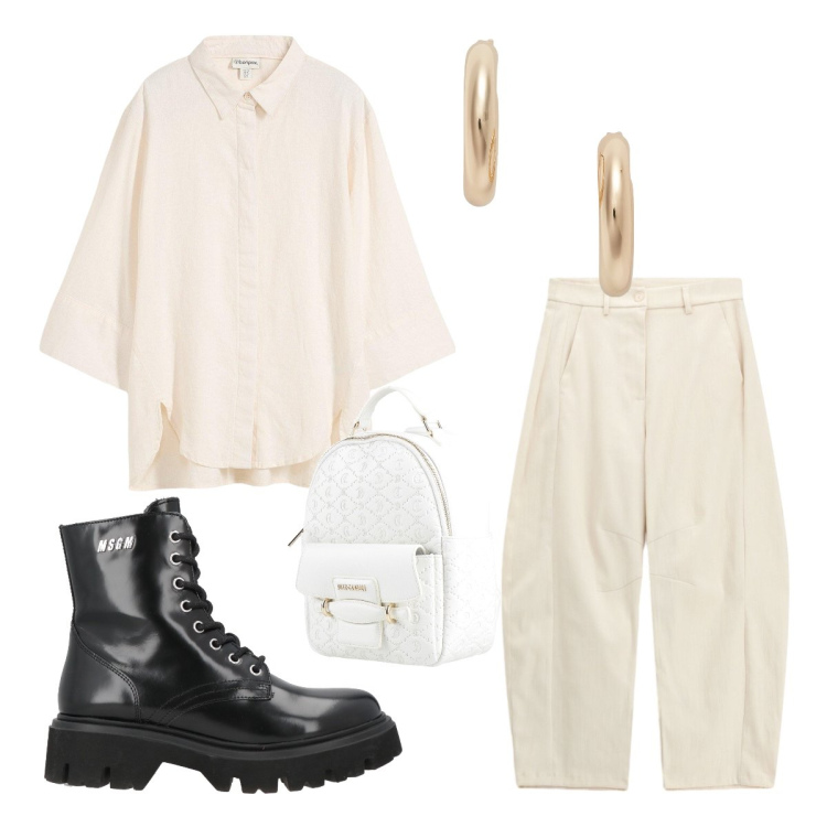 Outfit donna - Lino e leggerezza. Stile Urban per Scuola/Università. Abbinamento con anfibi, zaini, camicie, pantaloni, orecchini.
