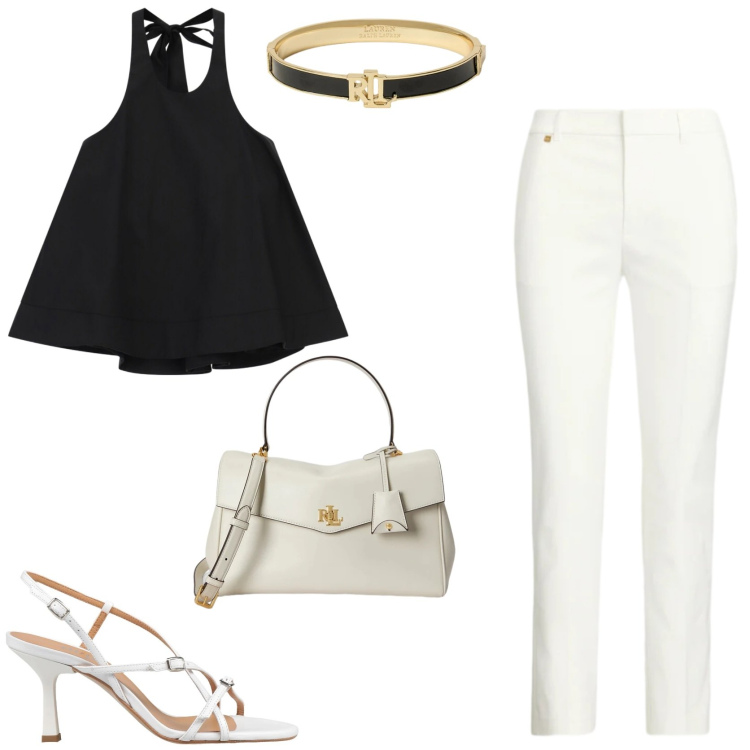 Outfit donna - Serata con le amiche. Stile Glamour per Serata fuori. Abbinamento con sandali in pelle, top, braccialetti, pantaloni, borse a mano.