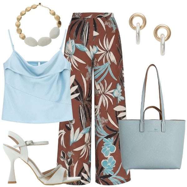 Outfit donna - Seafoam Blue. Abbinamento con pantaloni a palazzo, canottiere, sandali gioiello, shopping bag, collane, orecchini.