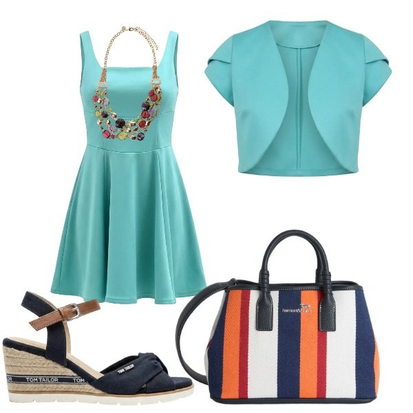 Outfit donna - un estate in blue. Stile Glamour per Tutti i giorni. Abbinamento con sandali col tacco, bolero, vestiti corti, shopping bag, collane.