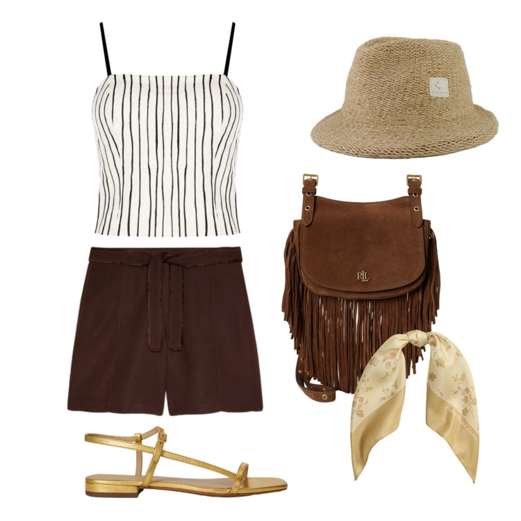Outfit donna - Giugno. Stile Casual chic per Tutti i giorni. Abbinamento con canottiere, shorts, borse a tracolla, sandali in pelle, foulard, cappelli.