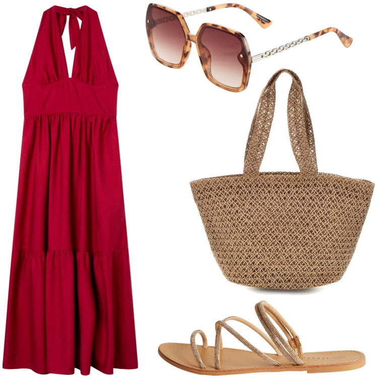 Outfit donna - Pic nic con amici. Stile Boho per Tutti i giorni. Abbinamento con occhiali da sole, sandali, vestiti lunghi, borse a spalla.