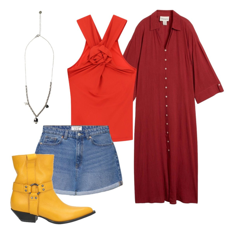 Outfit donna - Serata cowgirl. Stile Etnico per Serata fuori. Abbinamento con stivaletti texani, caftani, shorts, canottiere, ciondoli.