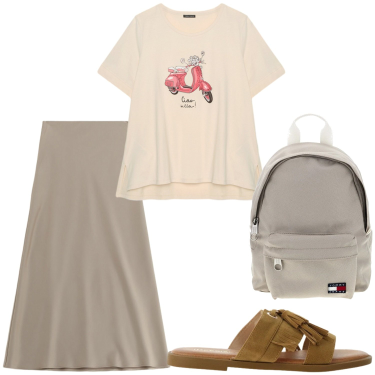Outfit donna - Caffè in centro. Stile Casual per Tutti i giorni. Abbinamento con gonne lunghe, sandali, t-shirt, zaini.