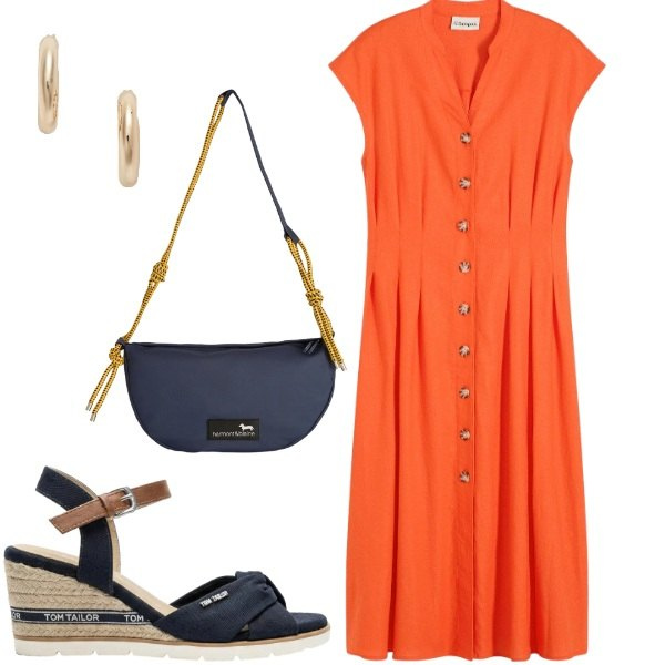 Outfit donna - Arancione e blu. Stile Casual chic per Ufficio. Abbinamento con vestiti midi/longuette, sandali col tacco, borse a tracolla, orecchini.