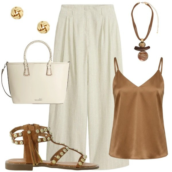 Outfit donna - Lino e leggerezza. Abbinamento con pantaloni, shopping bag, sandali, canottiere, ciondoli, orecchini.