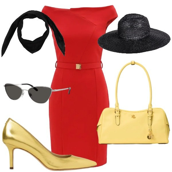 Outfit donna - Red and gold Retro. Abbinamento con sciarpe, cappelli, vestiti asimmetrici, décolleté, occhiali da sole, borse a mano.