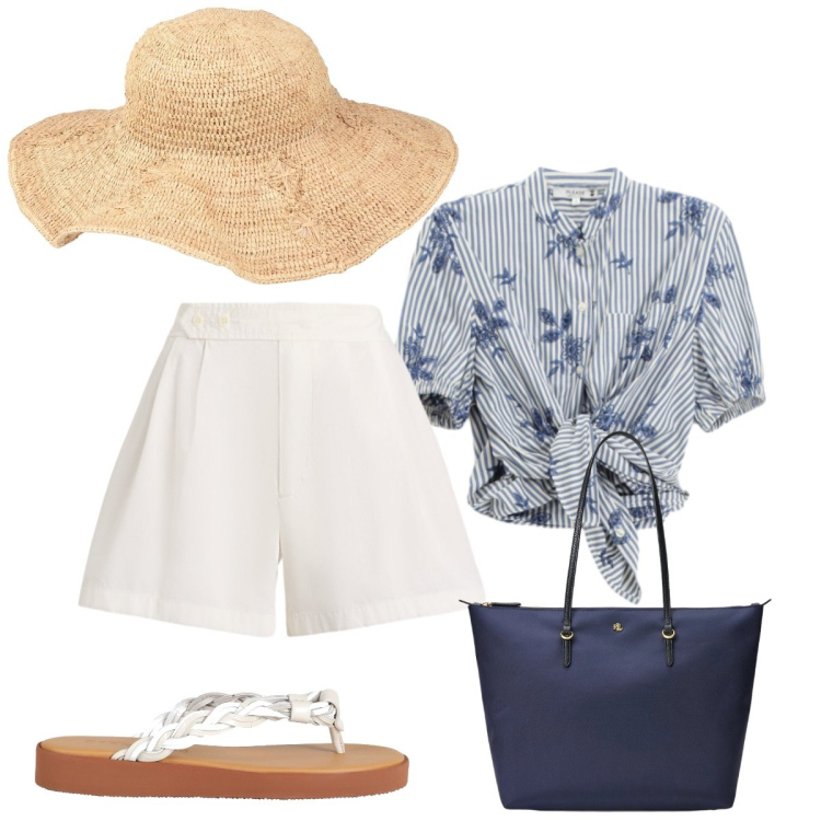Outfit donna - Per le viuzze del budello. Stile Preppy per Tutti i giorni. Abbinamento con ciabatte, cappelli, camicie a manica corta, borse tote, shorts.