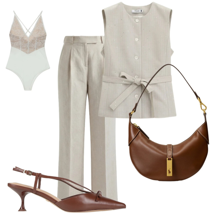Outfit donna - Chic monocolor. Stile Glamour per Ufficio. Abbinamento con décolleté, body, pantaloni, gilet, borse a spalla.