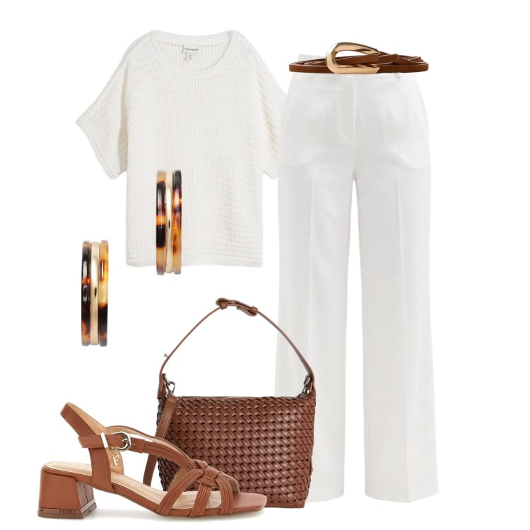 Outfit donna - Fresco lino bianco. Stile Casual chic per Tutti i giorni. Abbinamento con maglieria, cinture, pantaloni, borse a spalla, orecchini, sandali in pelle.