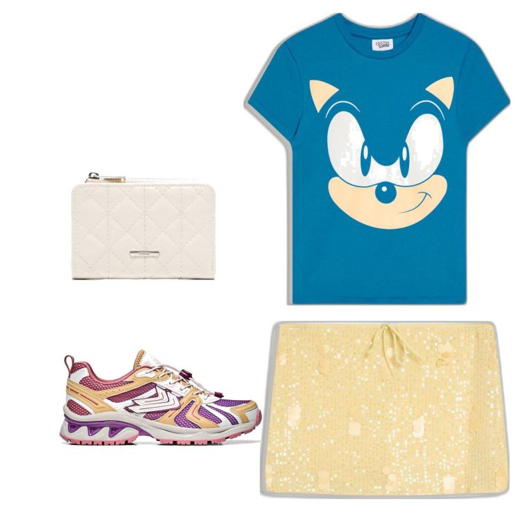 Outfit mujer - Trendy look. Estilo Trendy para Todos los días. Combinación con sneakers, monederos, faldas, camiseta.