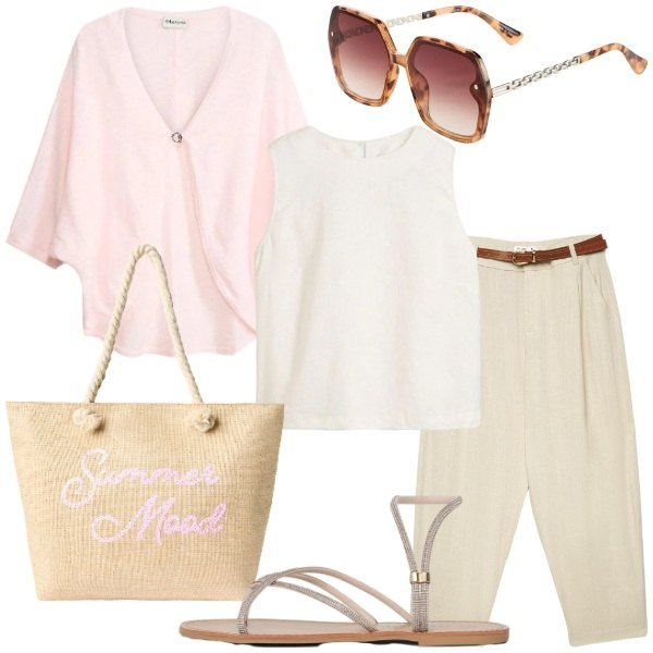 Outfit donna - Lino e leggerezza. Stile Casual chic per Tutti i giorni. Abbinamento con cardigans, occhiali da sole, canottiere, pantaloni chino, borse tote, sandali.